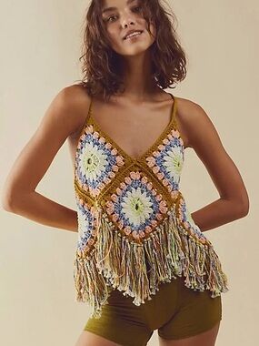 Free People Mustard Multi Crochet Fringe Camisole Tank
